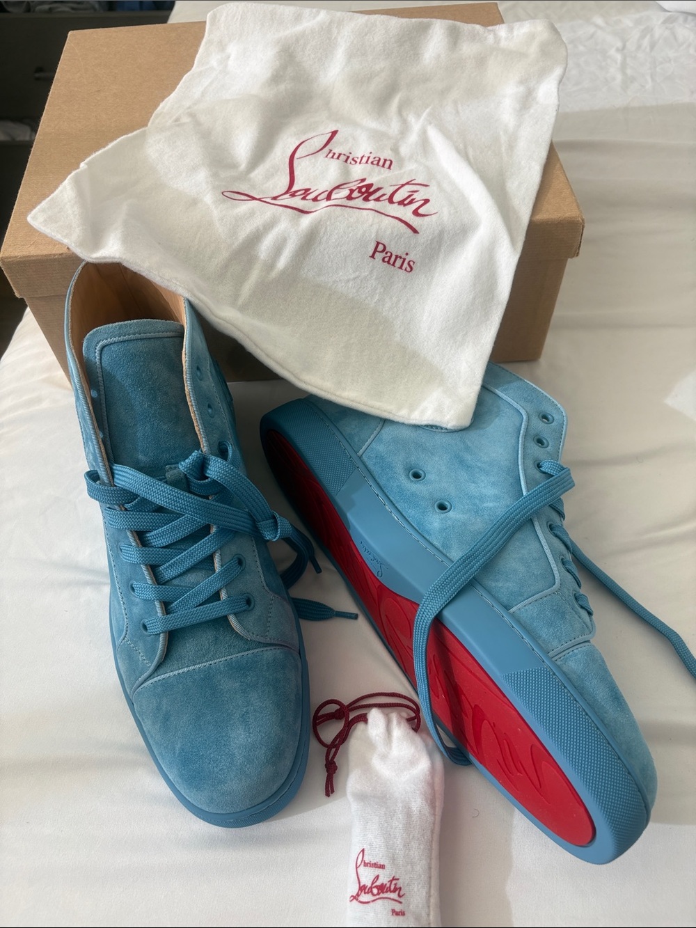 Christian Louboutin Men’s Light Blue Suede High-Top Boots - Picture 2 of 5